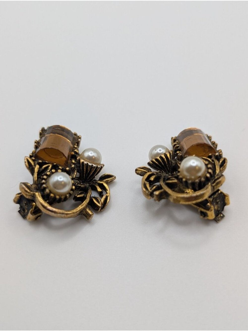 Vintage Gold-tone Clip-on Statement Earrings Amber Glass Floral Filigree Costume